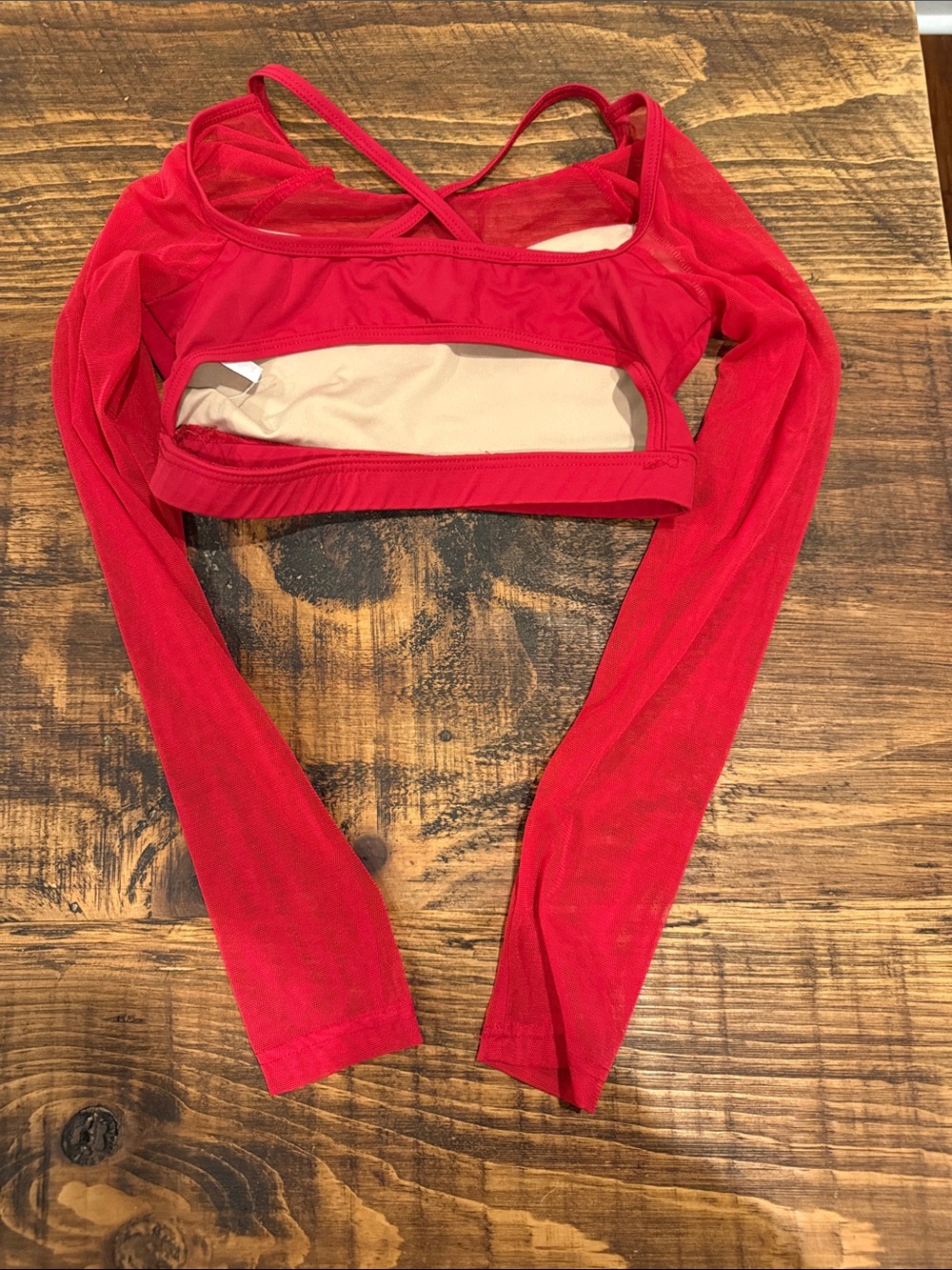 Bright Red Mesh Long-Sleeve Dance Crop Top- Baltogs - Picture 2 of 3
